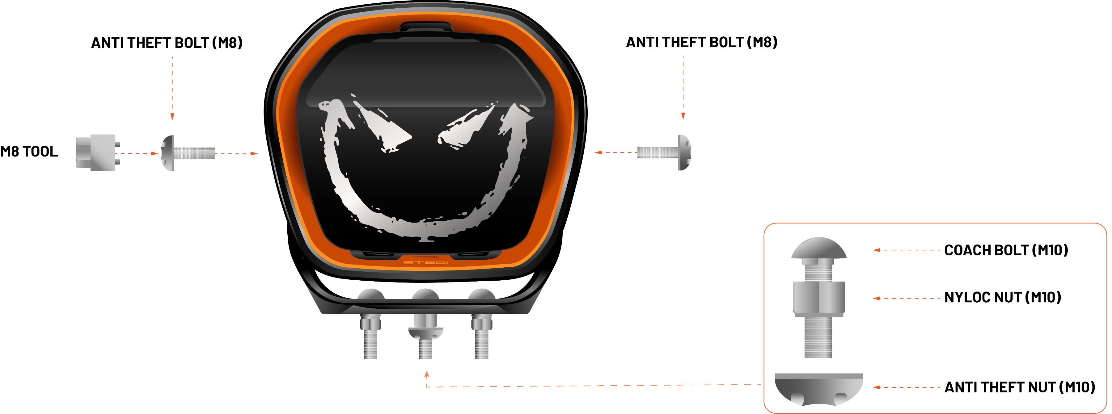 Anti-theft assembly guide, for EVO led driving lights, on a white backdrop.